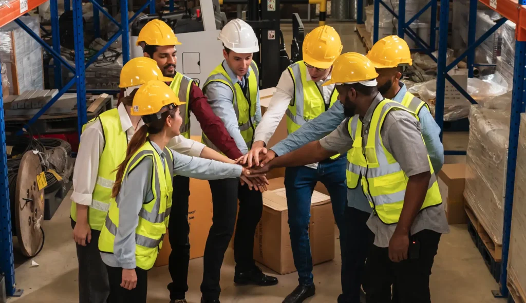 Professional warehouse worker team